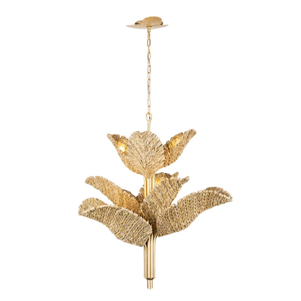 Banana Leaf 9-Lt Chandelier - French Gold/Natural Seagrass