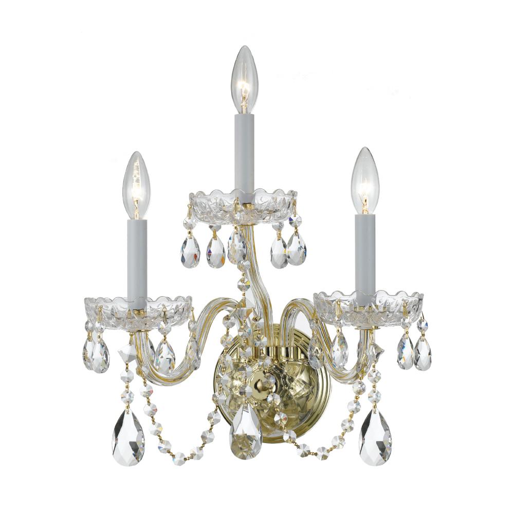 Traditional Crystal 3 Light Swarovski Strass Crystal Polished Brass Sconce