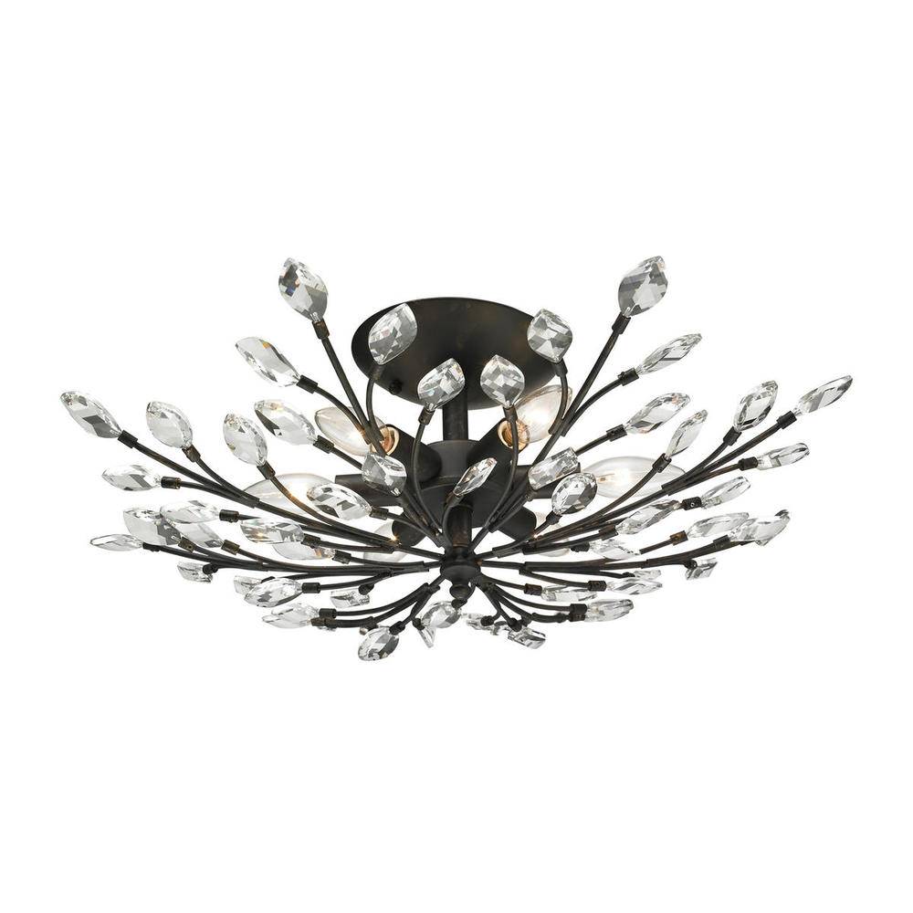 Crystal Branches 6-Light Semi Flush in Burnt Bronze