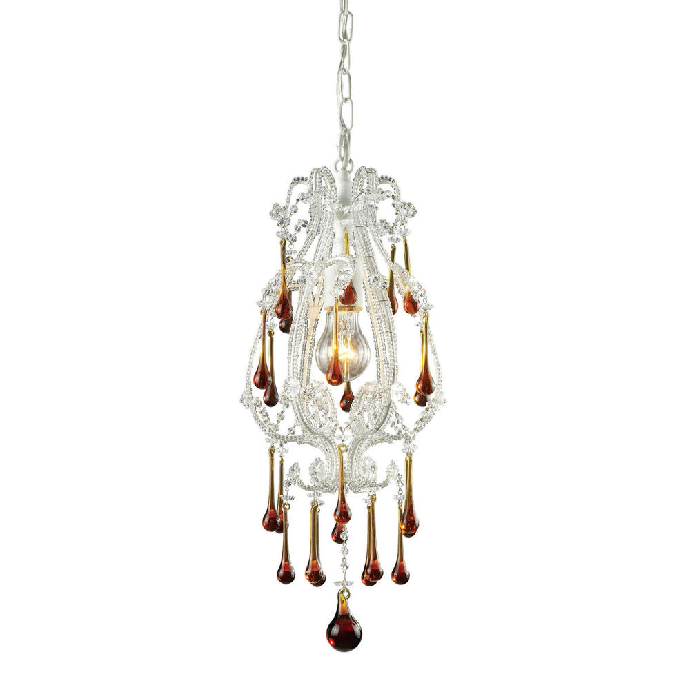 Opulence 1-Light Mini Pendant in Antique White with Amber Crystals