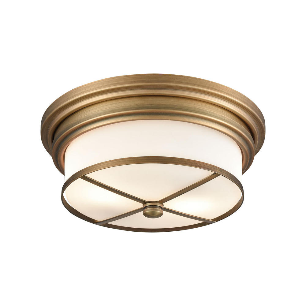 Flushmounts 2-Light Flush Mount in Classic Brass with White Glass