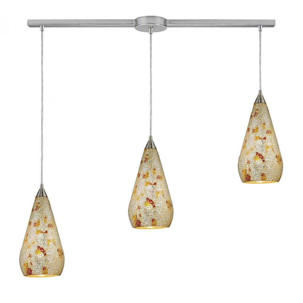 Curvalo 3-Light Linear Pendant Fixture in Satin Nickel with Silver Multi Crackle Glass