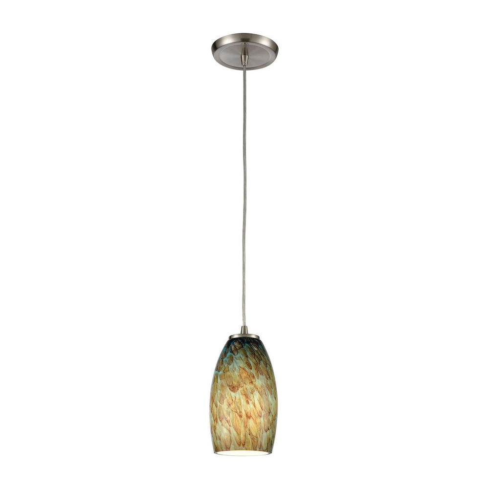 Nature's Collage 1-Light Mini Pendant in Satin Nickel with Feathered Aqua Green and Beige Glass