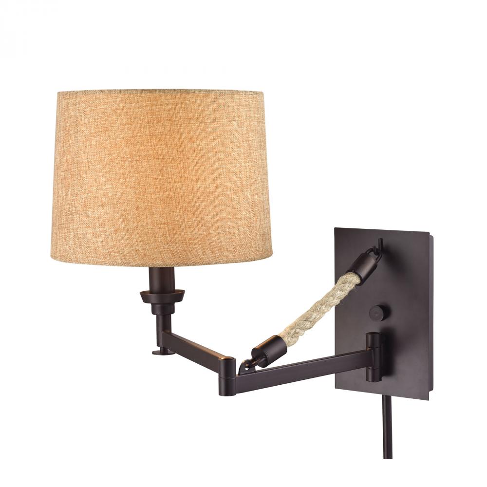 Natural Rope 1-Light Swingarm Wall Lamp in Oil Rubbed Bronze with Tan Linen Shade