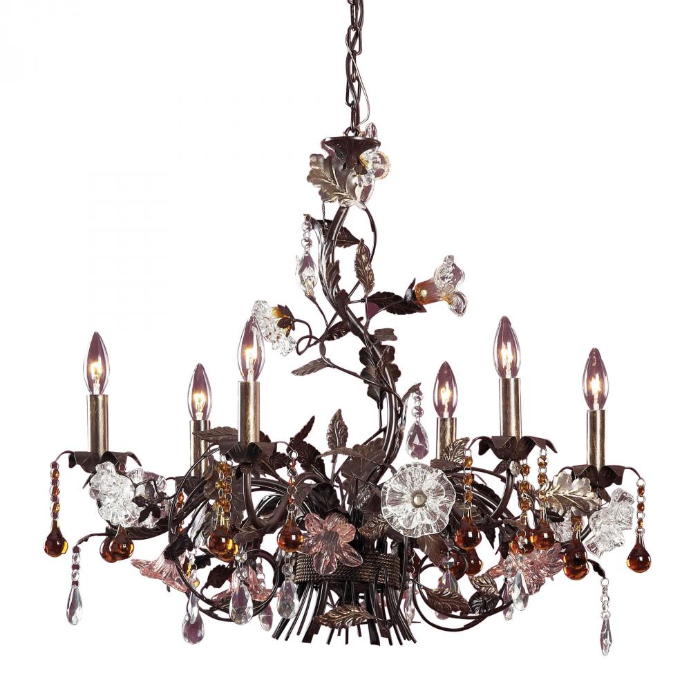 Cristallo Fiore 6-Light Chandelier in Deep Rust with Clear and Amber Florets