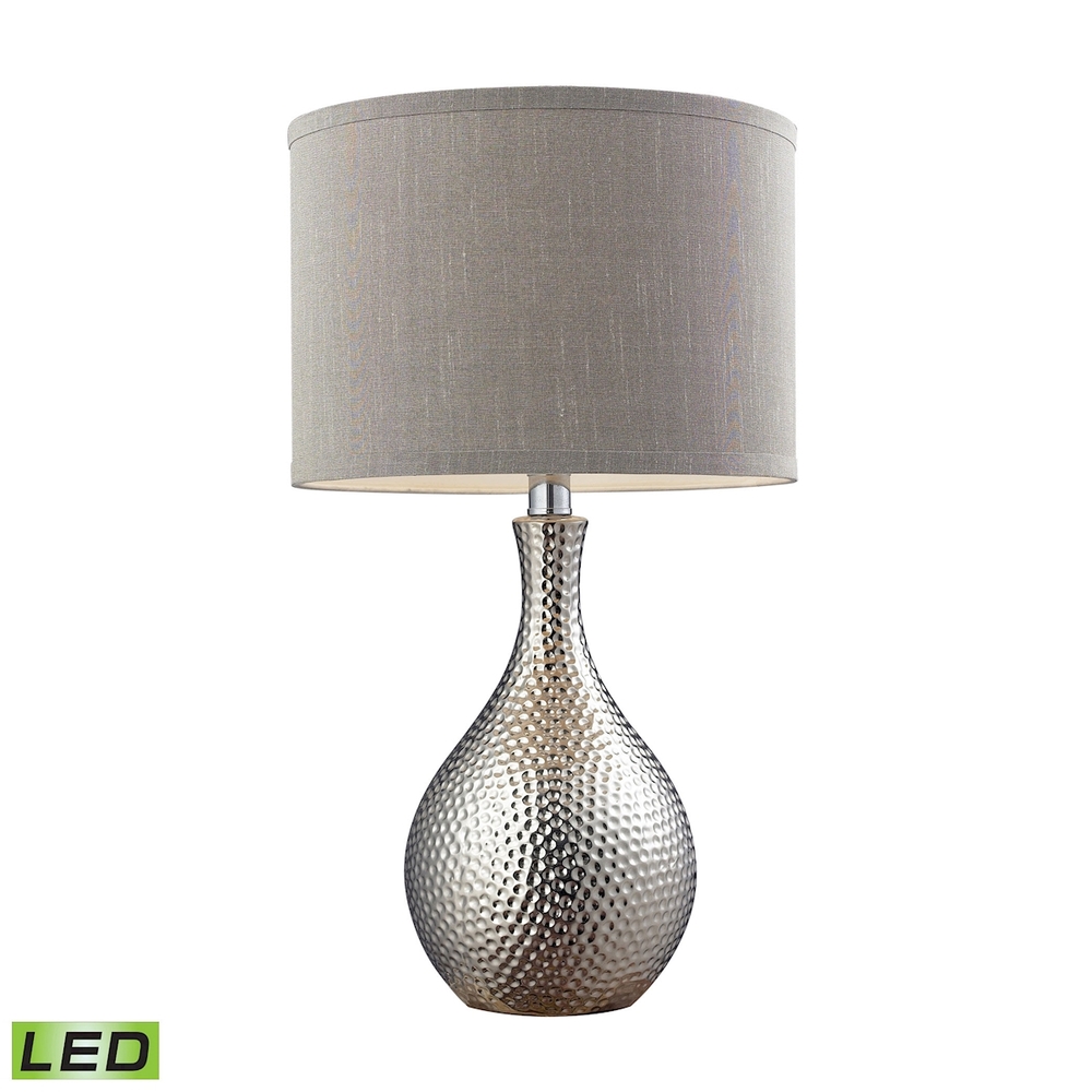 Hammered Chrome-plated Table Lamp with Grey Faux Silk Shade - LED