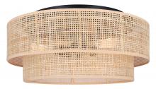 Canarm IFM1149A19NBK - BELLAMY 19 in. 3-Light 60-Watt Boho Black Flush Mount with Natural Rattan Shade